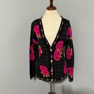 Dana Buchman Floral V-Neck Grandma Gold Buttons Wool Blend Cozy Sweater Sz S
